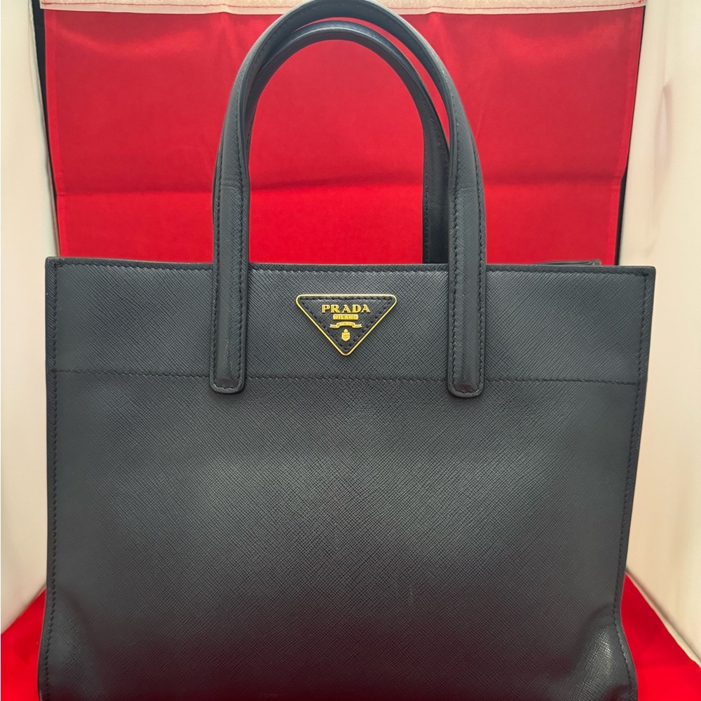 PRADA BLUE SAFFIANO CUIR SOFT LEATHER TRIPLE POCKET TOTE
